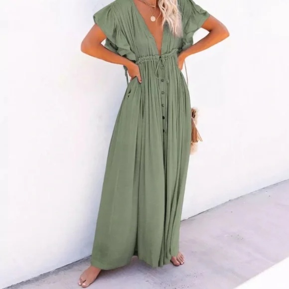 SOLD OUT Sage Green Gauze Boho Button Maxi Dress - Picture 2 of 4